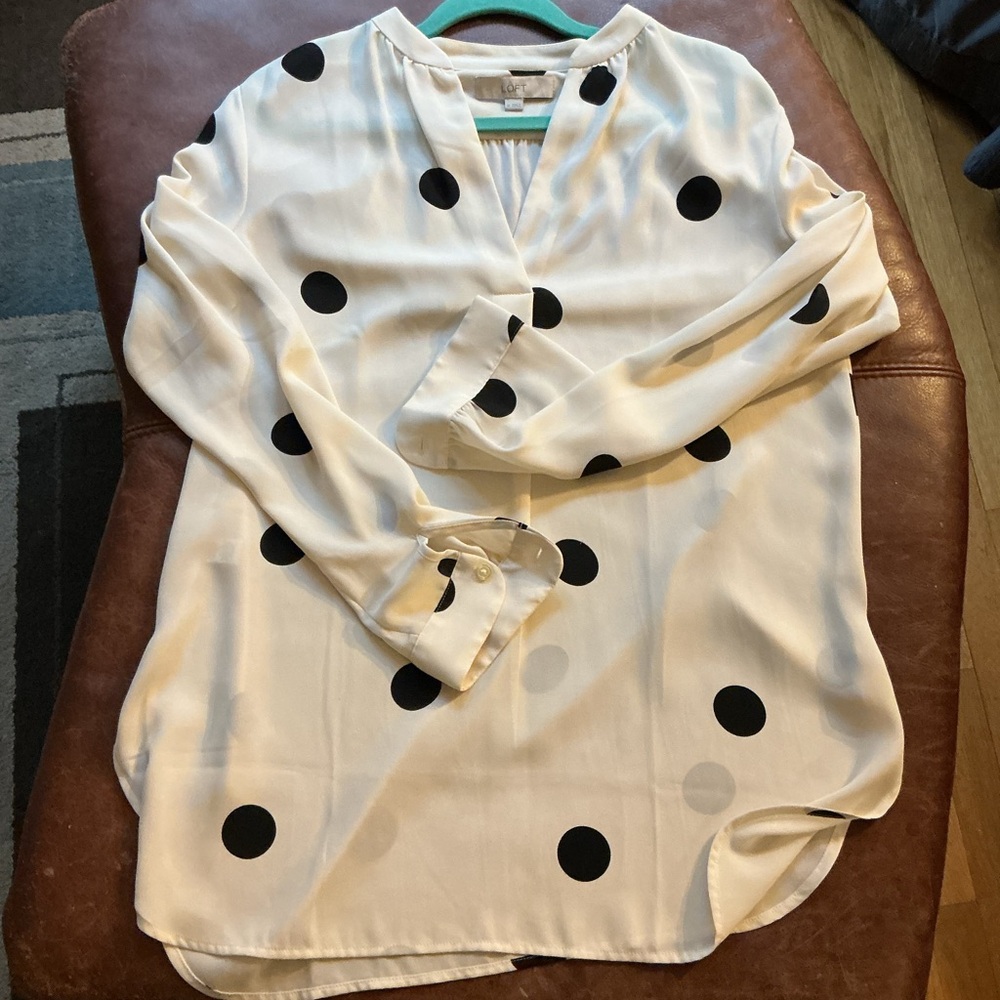LOFT White Blouse with Black Polka Dots